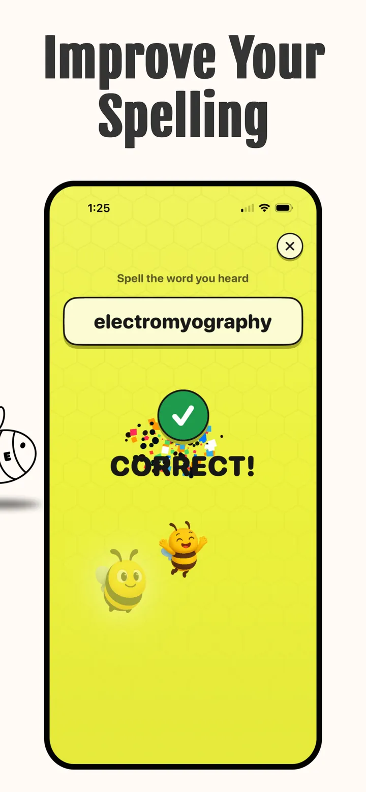 Correct! screen after spelling electromyography, with confetti and two cartoon bees