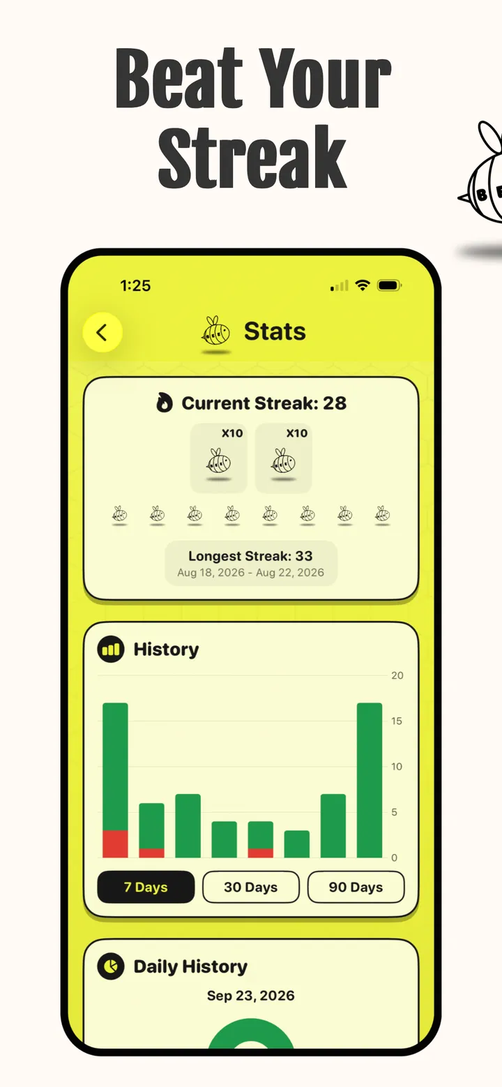 Stats screen with a current streak of 28 days, a longest streak of 33 and a 7-day chart of correct and incorrect words