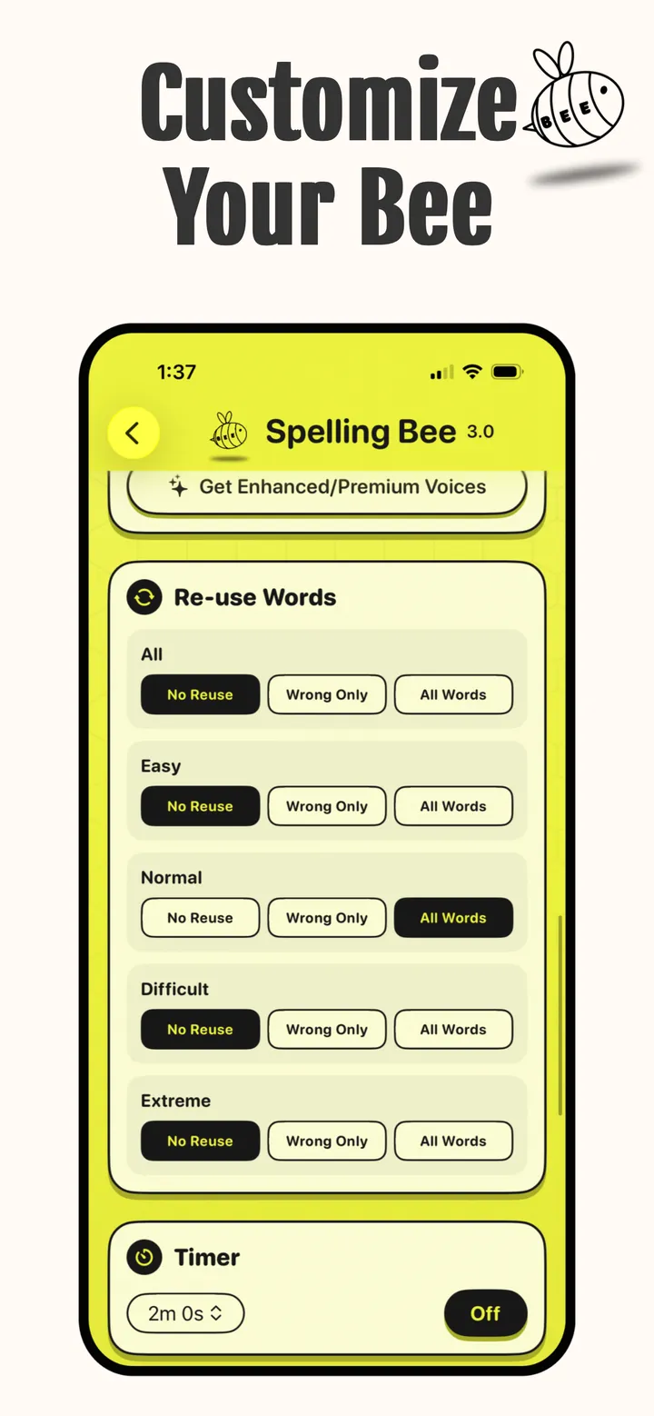 Settings to re-use words at each level (no reuse, wrong only or all words), enhanced and premium voices, and an optional timer