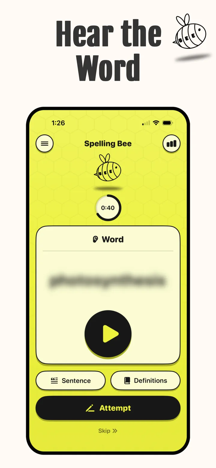 Word card with the play button to hear the word again, plus Sentence, Definitions and Attempt buttons